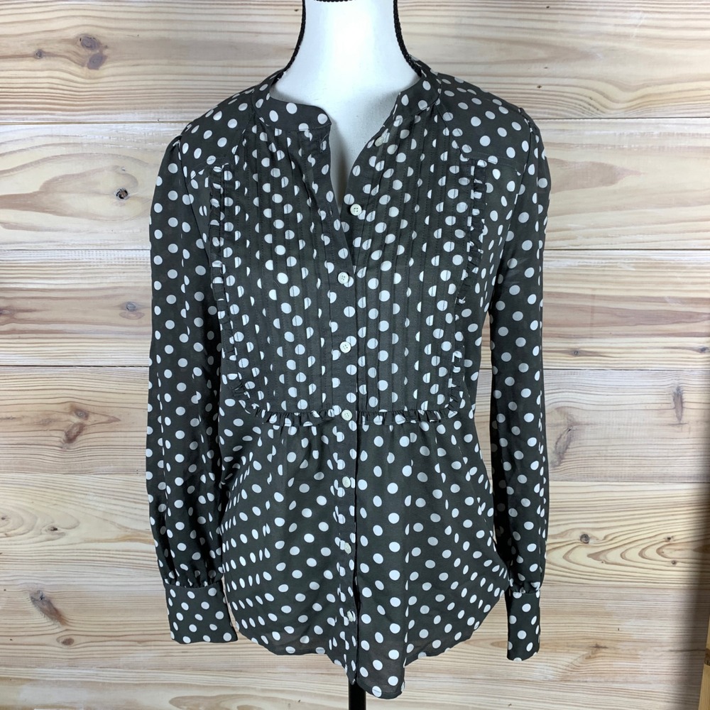 J. Crew Blouse Women 4 Grey Polka Dot Ruffle Pin Tuck Button Down Top